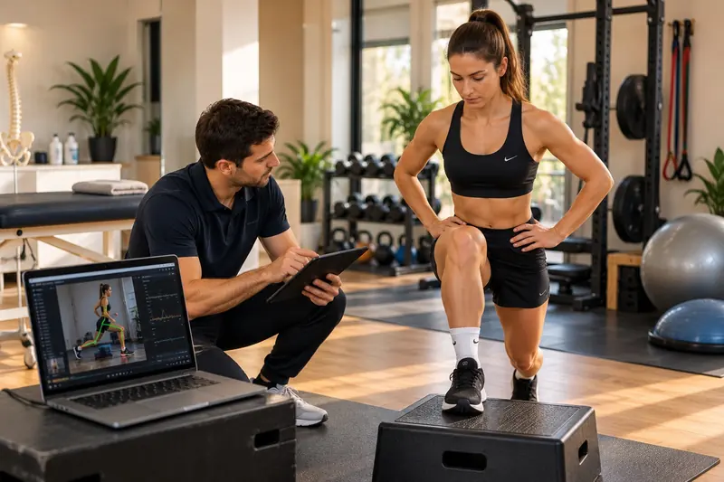 Un kinésithérapeute observe une sportive pendant un test, un ordinateur à côté