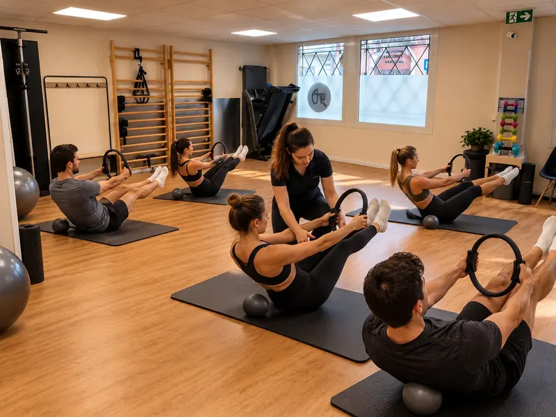 Exercices de Pilates avec cercles et ballons, guidés par une enseignante